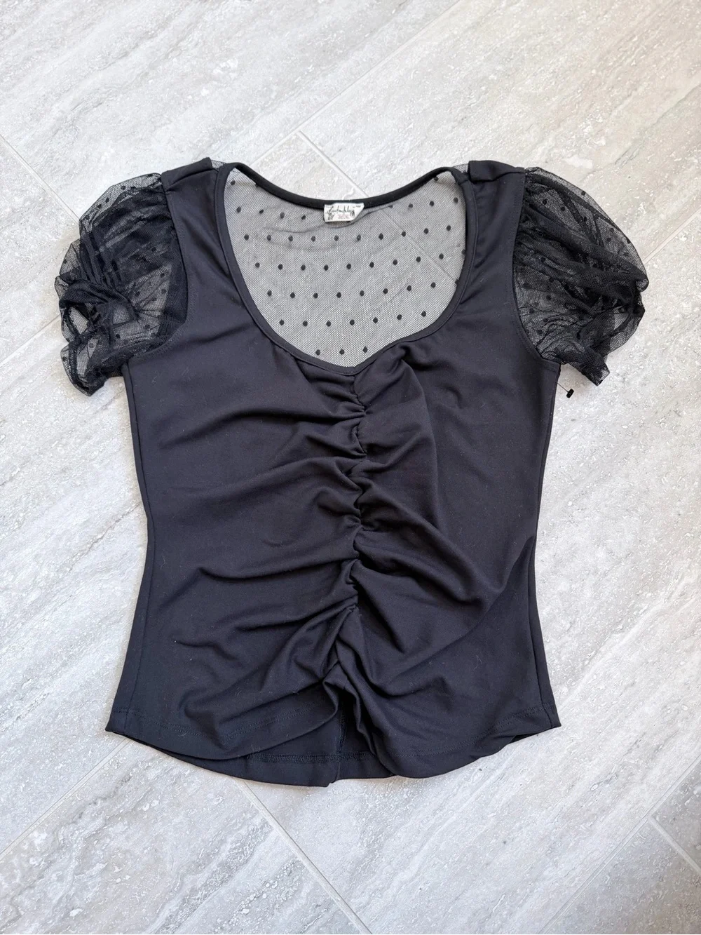 Free People Black Ruched Mesh Swiss Dot Puff Sleeve Top Women’s Small